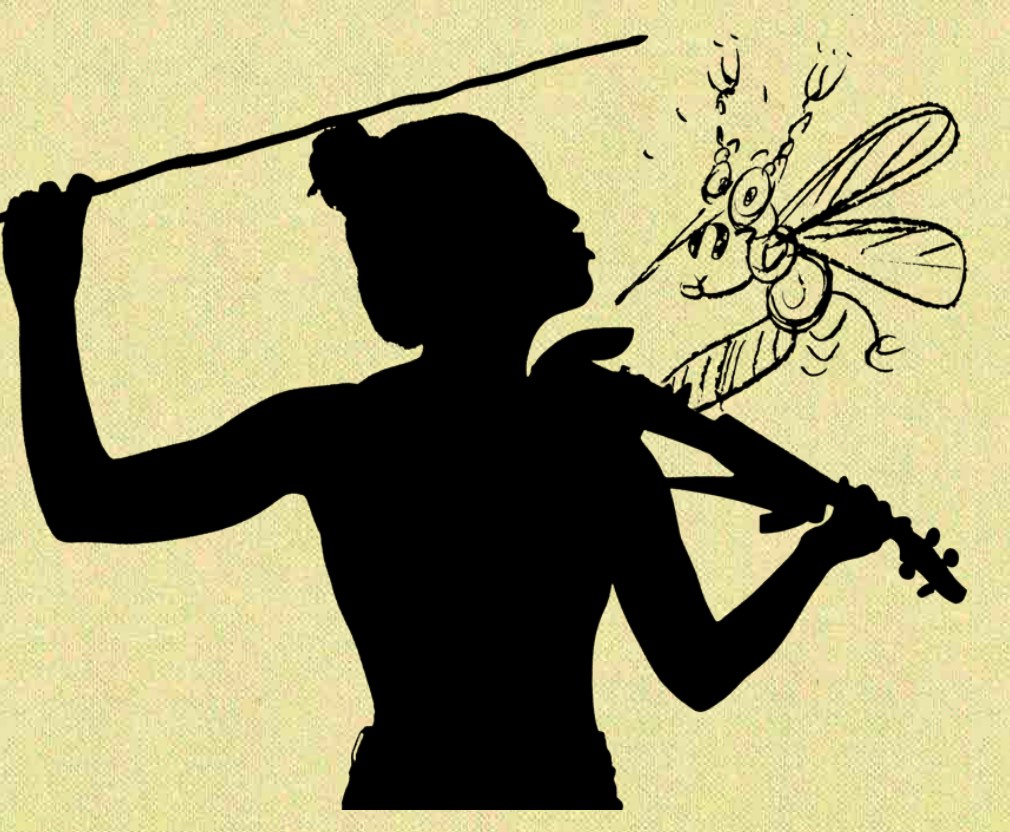 Shadow girl playing violin with mosquito in Popol Vuh theatre show by Salon de los Invisibles